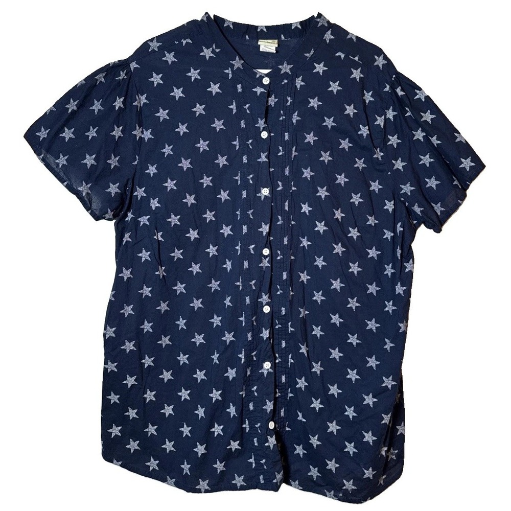 Boca Bay Women's 3X Navy Star Print Cotton Pintuck Button Front Blouse